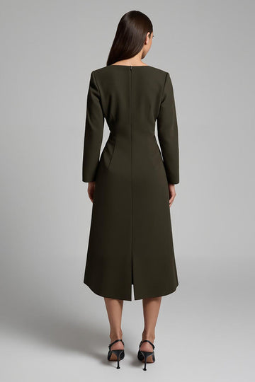 Dark Olive Satin Boat Neck Pencil Midi Work Dress With Sleeves
